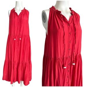 Anthropologie Carolina K Red Tiered Maxi Dress Sz S Tassels Cotton Silk